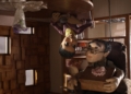 Elderly puppet couple inside their upside-down home in Head Over Heels