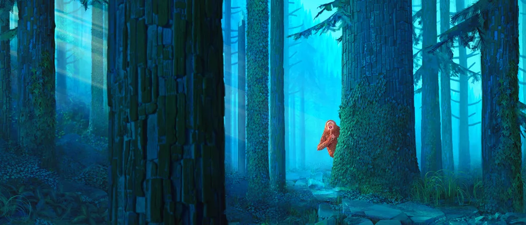 Small red figure in a blue forest from LAIKA's Missing Link