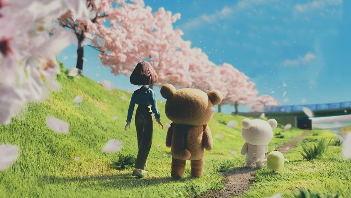 Kaoru, Rilakkuma, Korilakkuma, and Kiiroitori beneath cherry blossoms