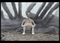 Elderly stop-motion puppet seated beneath shadowy tree branches in Old Man