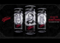 Victoria beer cans featuring illustrated portraits of Guillermo del Toro