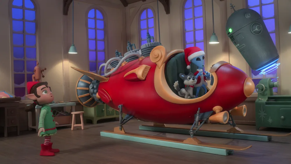 Characters repairing a red spaceship in Alien Xmas
